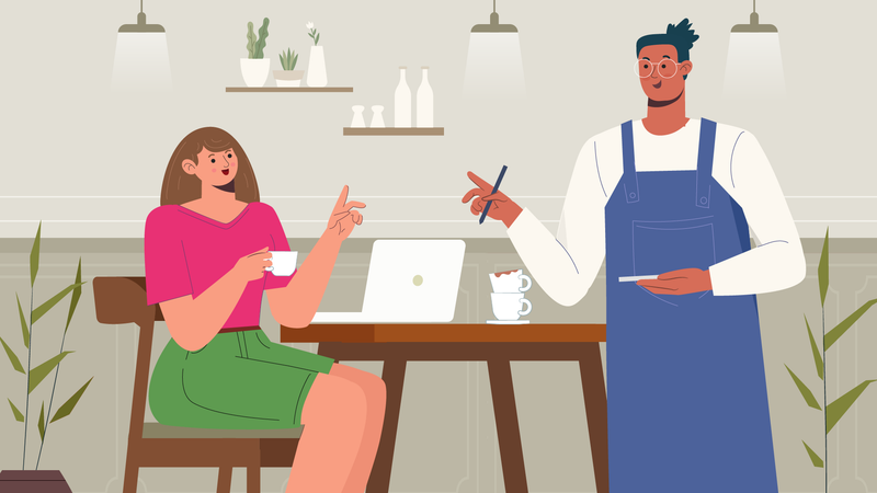 Frau gibt dem Kellner eine Bestellung auf  Illustration