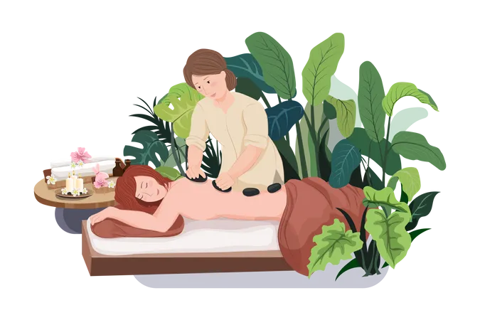 Frau gibt einer Frau eine Steinmassage  Illustration