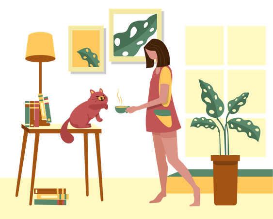 Frau gibt einer Katze Futter  Illustration