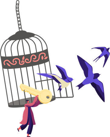 Frau befreit gefangene Vögel aus dem Käfig  Illustration