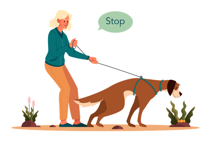 Frau gibt Hund Stopp-Befehl  Illustration