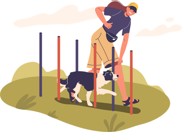 Frau gibt Hundetraining im Hof mit Agility-Hindernisparcours  Illustration