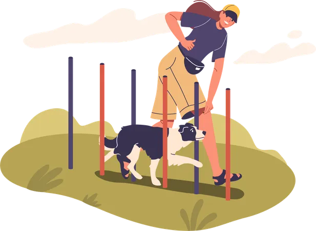 Frau gibt Hundetraining im Hof mit Agility-Hindernisparcours  Illustration