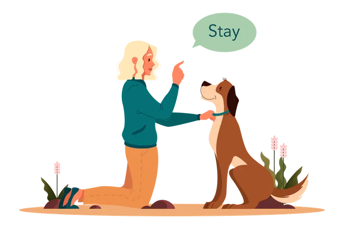 Frau gibt Hund das Kommando „Bleib!“  Illustration