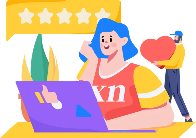 Frau gibt Online-Bewertungen mit Laptop ab  Illustration