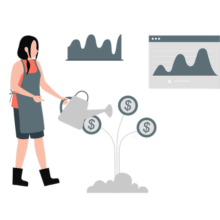 Frau gießt Dollarbaum  Illustration