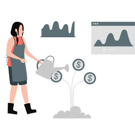 Frau gießt Dollarbaum  Illustration