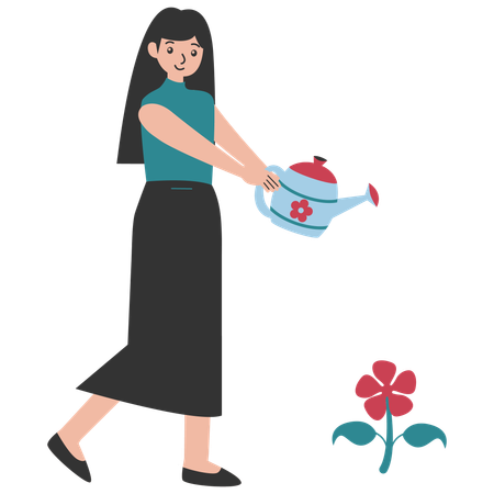 Frau gießt Frühlingsblumen  Illustration