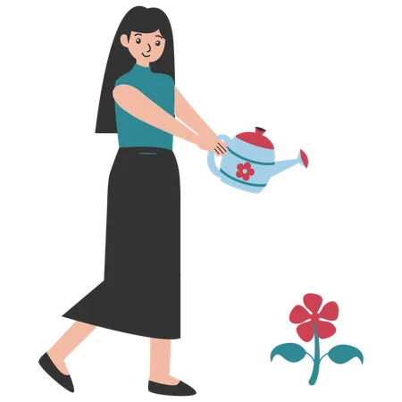 Frau gießt Frühlingsblumen  Illustration