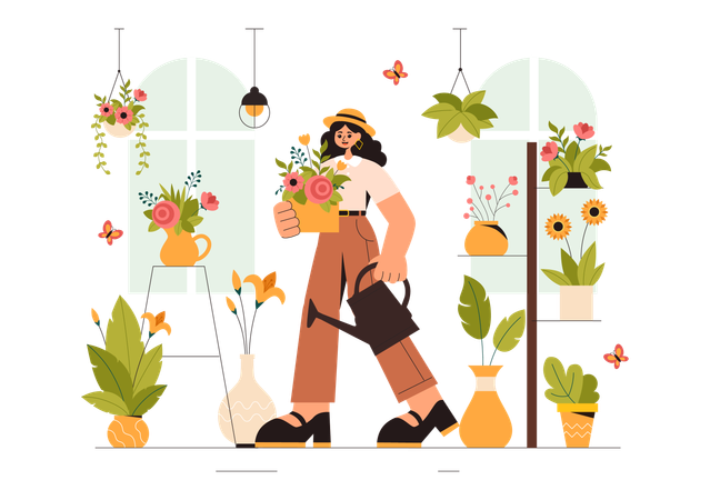 Weibliche Bewässerungsanlage im Blumenladen  Illustration