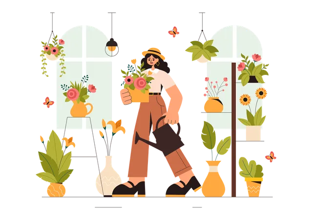 Weibliche Bewässerungsanlage im Blumenladen  Illustration