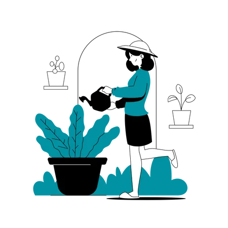 Frau gießt Pflanze  Illustration