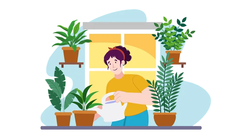 Frau gießt Pflanze  Illustration