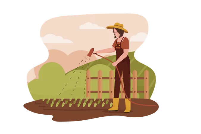 Frau gießt Pflanzen auf der Farm  Illustration