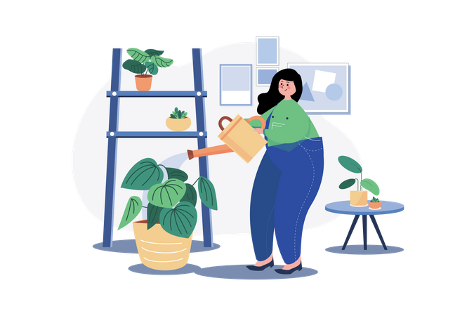 Frau gießt Zimmerpflanze  Illustration
