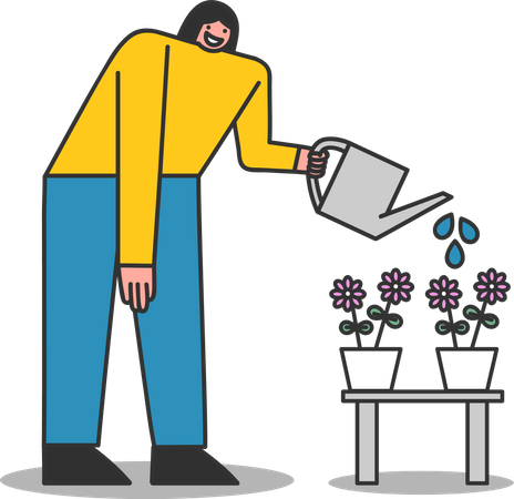 Frau gießt Zimmerpflanzen  Illustration
