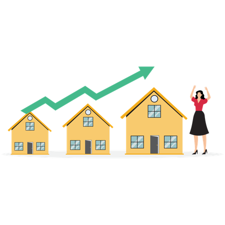 Frau Immobilienbesitzer mit Pfeil steigenden Häusern  Illustration