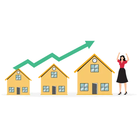 Frau Immobilienbesitzer mit Pfeil steigenden Häusern  Illustration