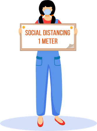 Frau hält Schild mit der Aufschrift „Social Distancing“ von 1 Meter hoch  Illustration