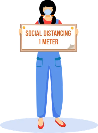 Frau hält Schild mit der Aufschrift „Social Distancing“ von 1 Meter hoch  Illustration