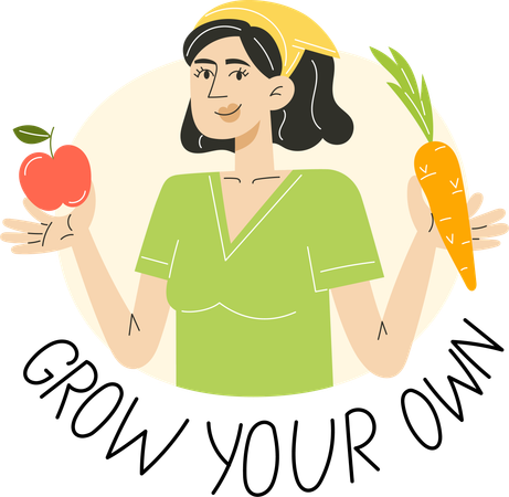 Frau hält Apfel und Karotte mit der Botschaft „Grow Your Own“  Illustration