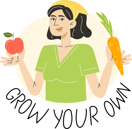 Frau hält Apfel und Karotte mit der Botschaft „Grow Your Own“  Illustration