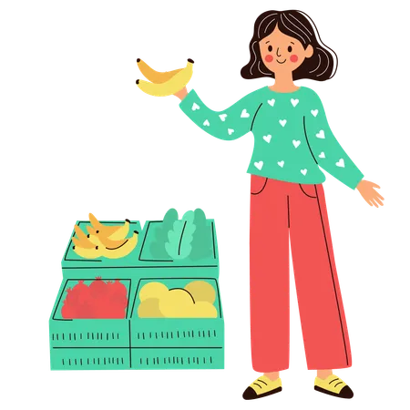 Frau hält Bananen auf dem Markt  Illustration