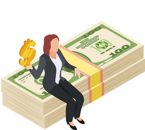 Frau hält Dollarzeichen, während sie auf einem Bündel Bargeld sitzt  Illustration