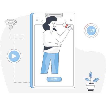 Frau hält ein Smartphone, auf dessen Bildschirm ein Video angezeigt wird, mit nachdenklichem Gesichtsausdruck  Illustration