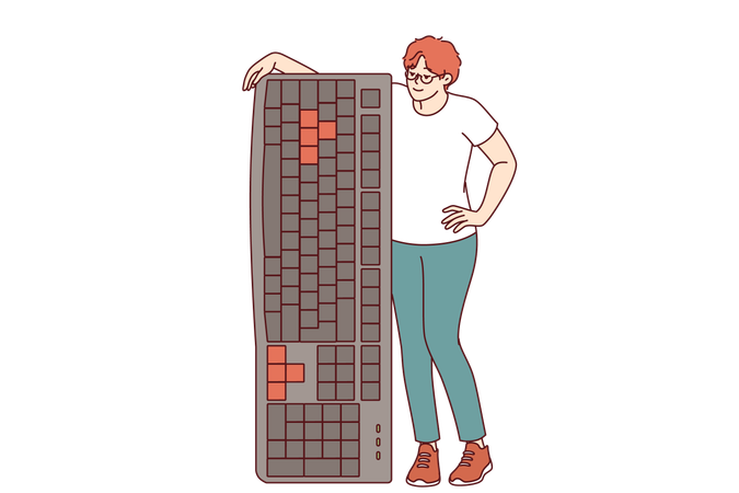 Frau mit großer Computertastatur ermutigt Sie, freiberuflich zu arbeiten und aus der Ferne zu arbeiten  Illustration