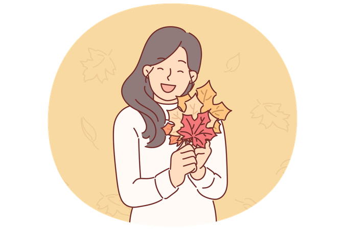Frau hält Herbstlaub in verschiedenen Farben in den Händen  Illustration