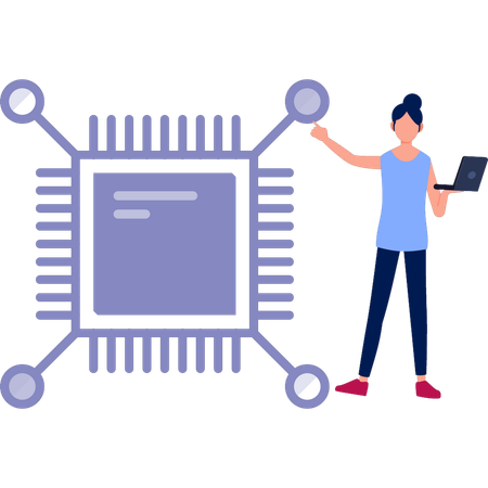 Frau hält Laptop während sie an Chip-Technologie arbeitet  Illustration