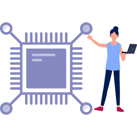 Frau hält Laptop während sie an Chip-Technologie arbeitet  Illustration