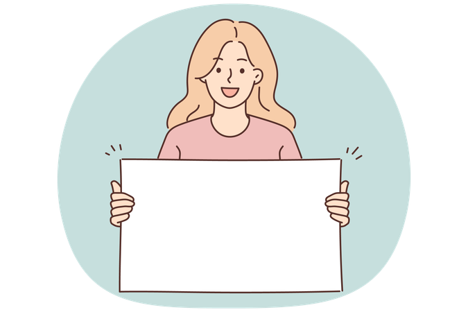 Frau hält leeres weißes Plakat in der Hand und lächelt und blickt in die Kamera, die ein Banner mit Kopierraum demonstriert  Illustration