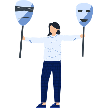 Frau hält Masken, die Emotionen, Identität und Ausdruck darstellen  Illustration