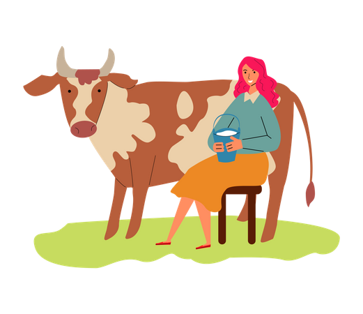 Frau hält Milcheimer in der Hand  Illustration