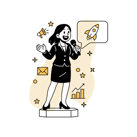 Frau hält öffentliche Marketingpräsentation  Illustration