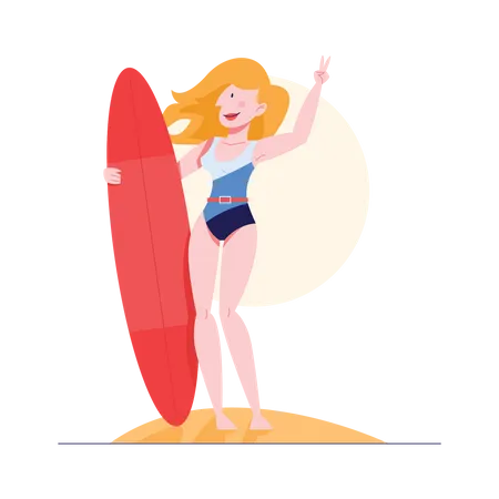 Frau hält Surfbrett  Illustration