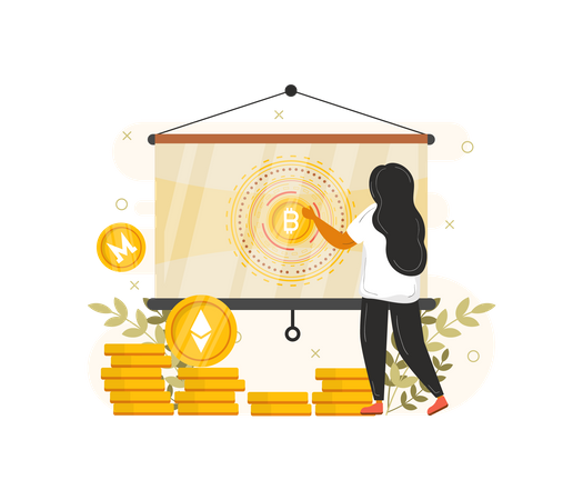 Frau hält Vortrag über Kryptowährung  Illustration