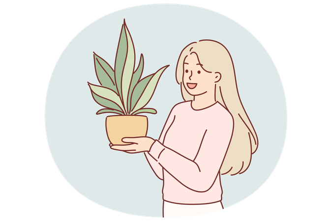 Frau hält Zimmerpflanze im Topf  Illustration