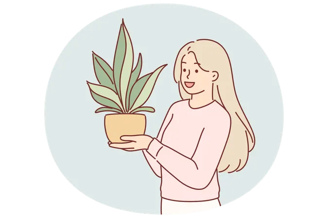 Frau hält Zimmerpflanze im Topf  Illustration