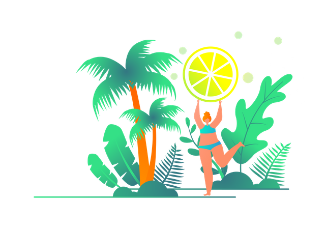 Frau hält Zitronenscheibe in der Hand  Illustration