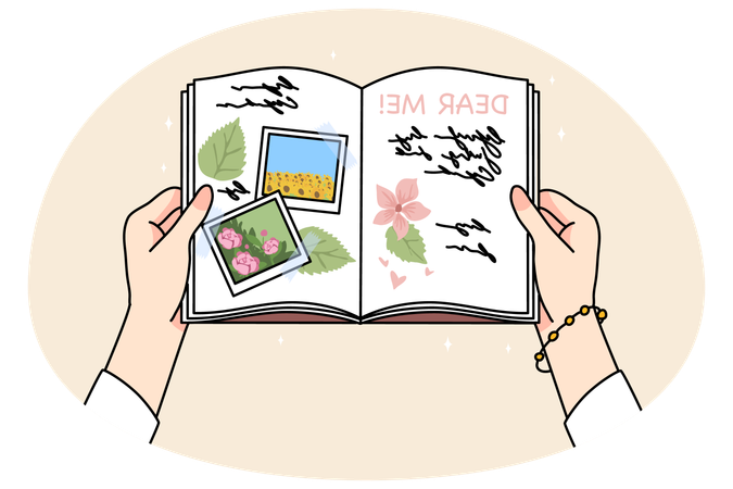 Frau Hände halten Tagebuch lesen Erinnerungen aus der Vergangenheit  Illustration