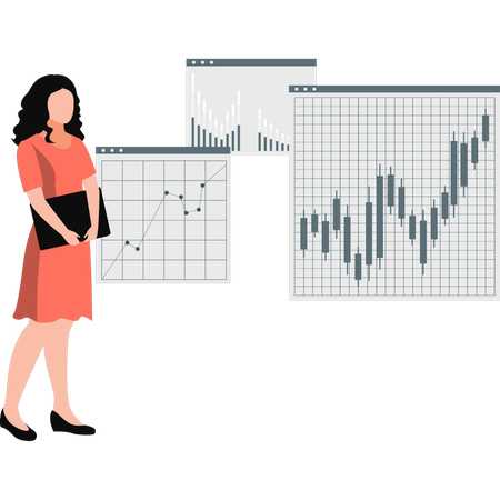 Frau, die mithilfe technischer Analysen an der Börse handelt  Illustration