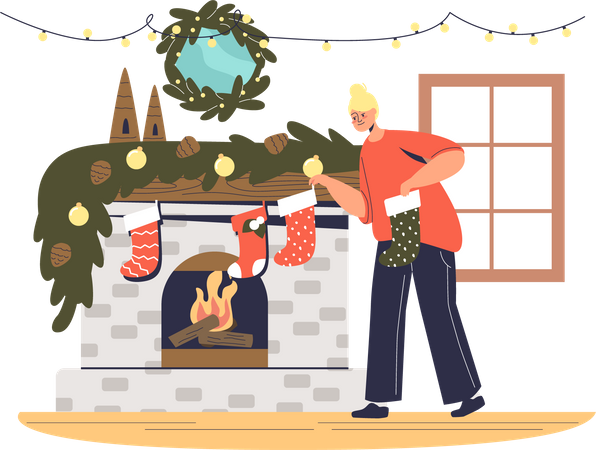 Frau hängt Weihnachtssocken am Kamin auf, um Weihnachten vorzubereiten  Illustration