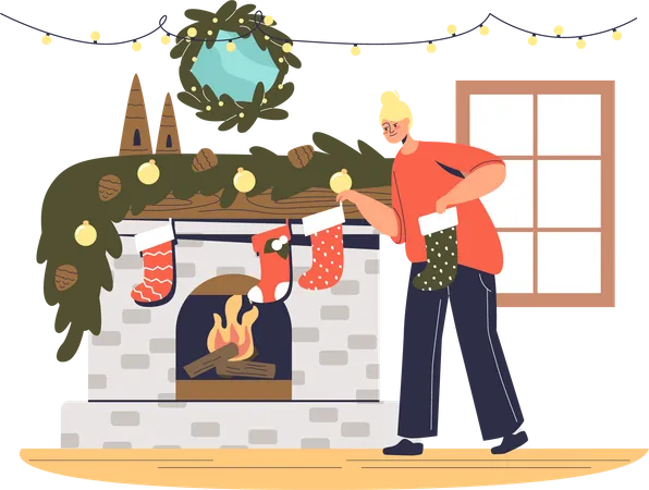 Frau hängt Weihnachtssocken am Kamin auf, um Weihnachten vorzubereiten  Illustration