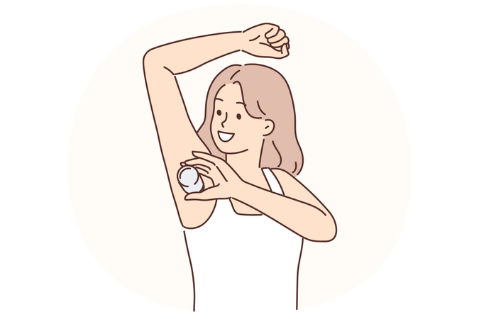 Frau hebt die Hand und benutzt Deodorant während der morgendlichen Hygieneroutine, um Schweiß und Geruch zu vermeiden  Illustration