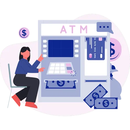 Frau hebt Geld am Bankautomaten ab  Illustration