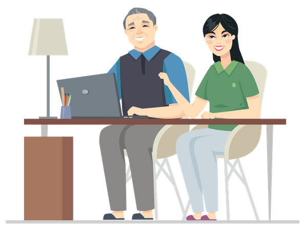 Frau hilft altem Mann mit Laptop  Illustration