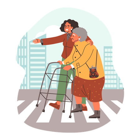 Frau hilft Großmutter über die Straße  Illustration